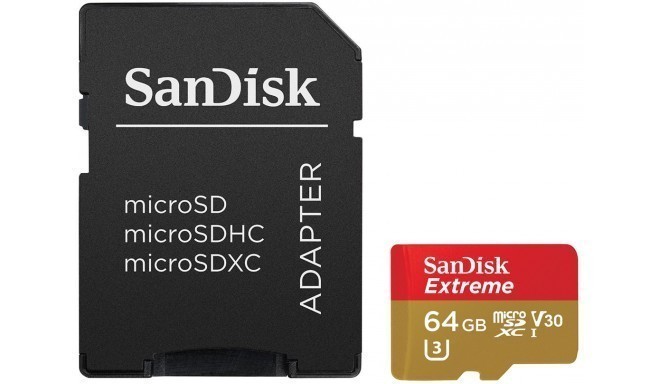 Sandisk atmiņas karte microSDXC 64GB Action Extreme V30 + adapteris