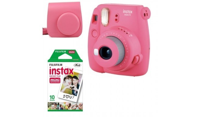 Camera Fuji Instax Mini 9 Pink + Case + film 10 ( 10 photo cartridges Bag ; Pink )