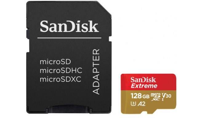 SanDisk atmiņas karte microSDXC 128GB Extreme V30 A2 + adapteris