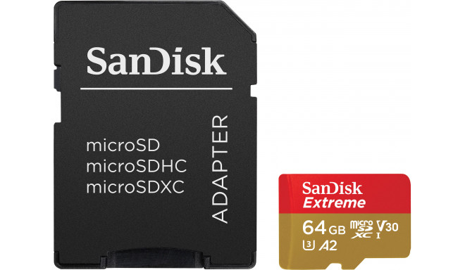 SanDisk atmiņas karte microSDXC 64GB Extreme V30 A2  + adapteris