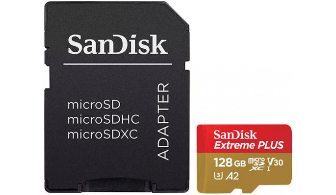 SanDisk atmiņas karte microSDXC 128GB Extreme Plus V30 A2 + adapteris