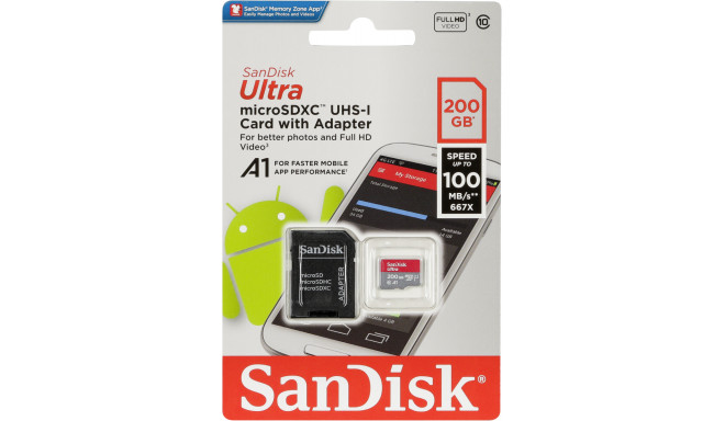 SanDisk mälukaart microSDXC 200GB Ultra A1 100MB/s + adapter (SDSQUAR-200G-GN6MA)