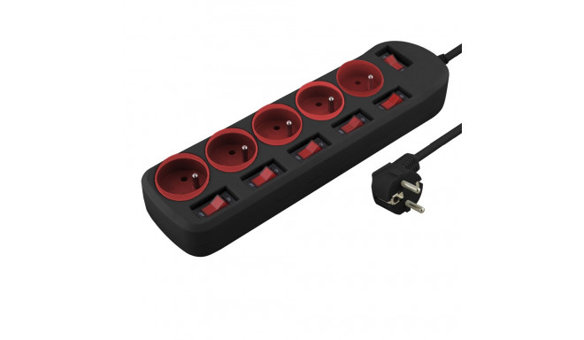 5 WAY POWER STRIP WITH INDIVIDUAL SWITCH BLACK-RED