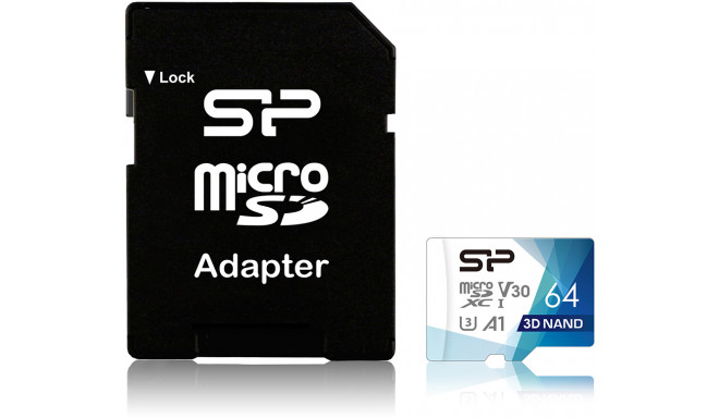 Silicon Power atmiņas karte microSDXC 64GB Superior Pro V30 + adapteris