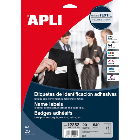 Etikett iseliimuv APLI 63,5x29,6mm, valge, nimesilt tekstiilile, eemaldatav, 27 tk A4 lehel, 20l/pk,