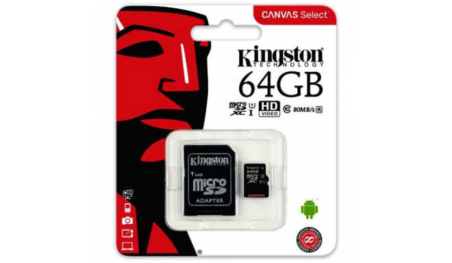 Mälukaart microSD 64GB, Class 10, UHS-I, R80/W10, Canvas Select, Kingston