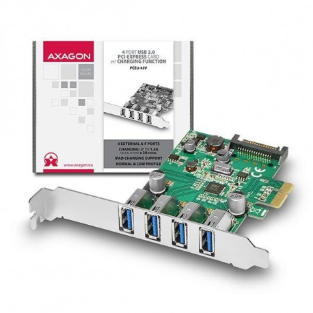 AXAGON PCEU-43V, PCIe adaptér, 4x USB3.0, UASP, nabíjení 3A, vč. LP