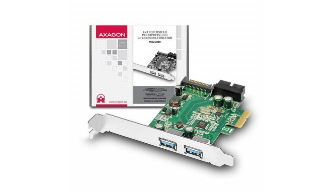 AXAGON PCEU-232V, PCIe adaptér,  2+2x USB3.0, UASP, nabíjení 3A, vč. LP
