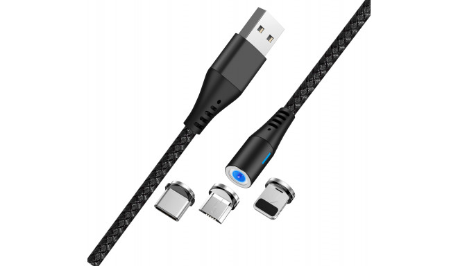Maxlife MXUC-02 magnetic cable USB - Lightning + USB-C + microUSB 1,0 m 2A black nylon