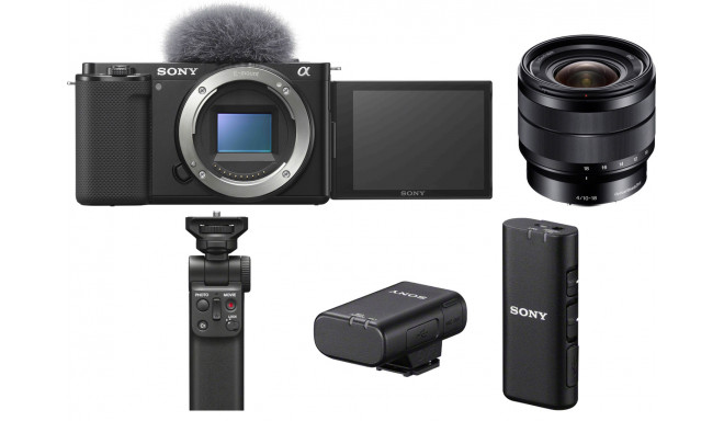 Sony ZV-E10 + 10-18mm f/4.0 + käepide + juhtmevaba mikrofon
