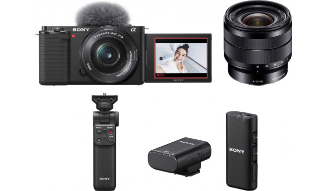 Sony ZV-E10 + 16-50mm + 10-18mm + käepide + juhtmevaba mikrofon