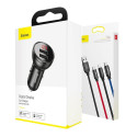 Baseus Digital Display Dual USB 4.8A Car Charger 24W + 3in1 USB - UBS Type C / micro USB / Lightning