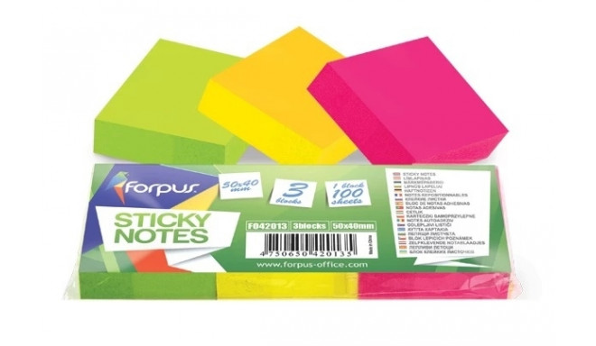Forpus märkmepaber Neon 40x50mm 3x100, assortii