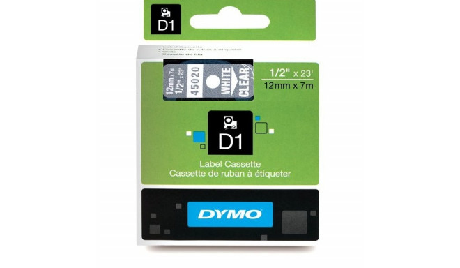 DYMO D1 lint 12mm x7m / valge läbipaistval peal (45020 / S0720600)