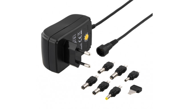 DELTACO AC Adapter 110-240V to 3-12V DC, 1.5A, Interchangeable Connectors, USB, Black / PSR-15B