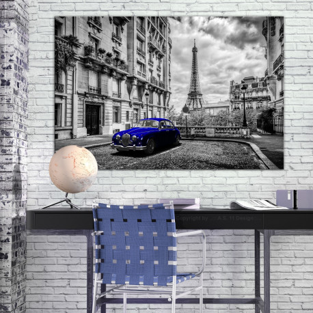 Seinapilt - Car in Paris (1 Part) Blue Wide - 120x80