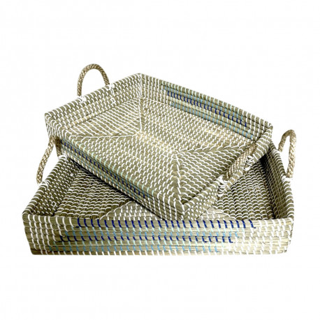 Набор подносов DKD Home Decor Белый бирюзовый Натуральный Тропический 48 x 38 x 15 cm Металл (2 штук