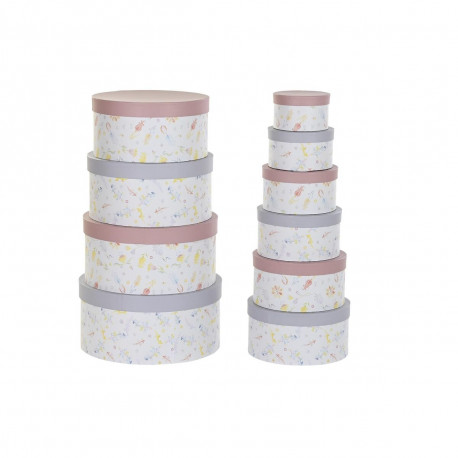 Set of Stackable Organising Boxes DKD Home Decor Flowers Stripes Blue Lilac White Multicolour Cardbo