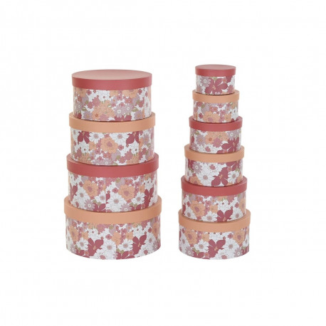 Set of Stackable Organising Boxes DKD Home Decor Flowers Stripes Fuchsia White Peach Cardboard (37,5