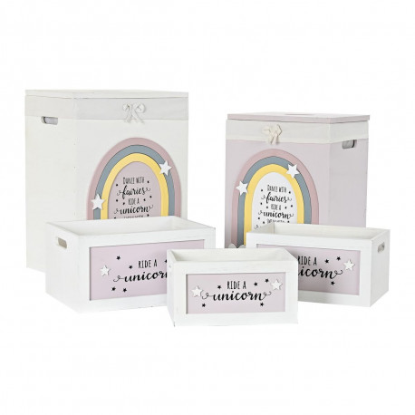 Set of Baskets DKD Home Decor Yellow White Grey Pink Paolownia wood Children's 40 x 30 x 55 cm 5 Pie