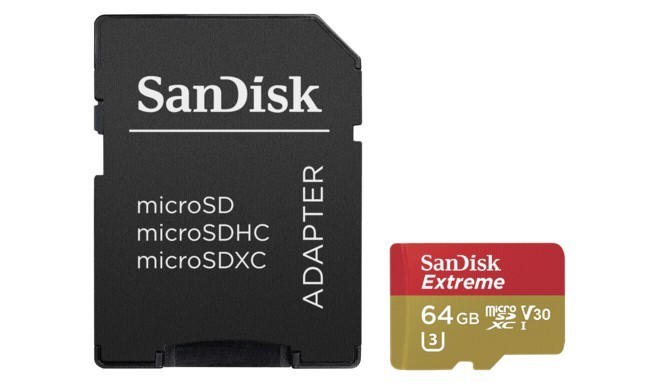 SanDisk atmiņas karte microSDXC 64GB Extreme V30 A1 + adapteris