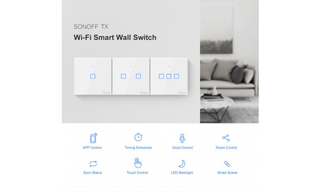 1 channel smart touch wall switch SONOFF, controlled by Wi-Fi + RF, 480W/channel, 230VAC, Sonoff