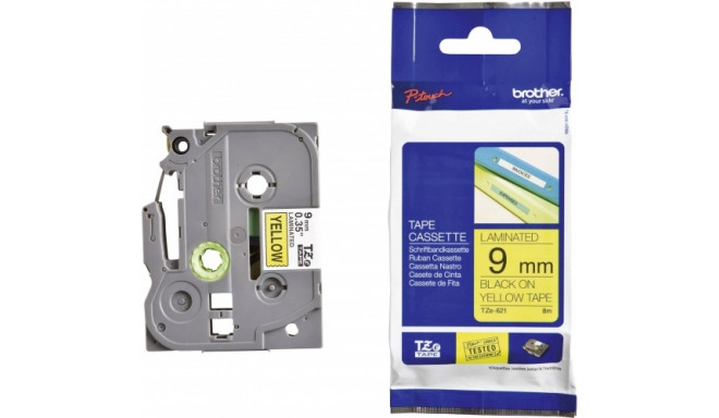 Brother TZe-621 (TZE621) Laminated Label Tape cassette P-touch, Black on Yellow 9mm, 8m