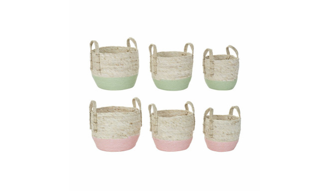 Basket set DKD Home Decor Natural Pink Green Natural Fibre 30 x 30 x 32 cm Boho (2 Units)