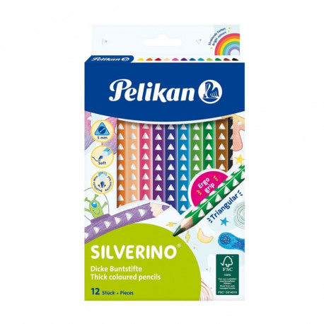 Pelikan krāsošanas zīmuļi, Silverino, trijstūris, SOFT, rupjas, 12 krāsas