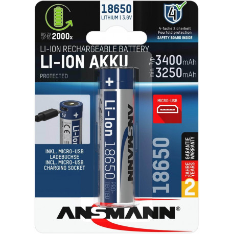 Ansmann Li-Ion battery 18650 3400 mAh with micro USB charging socket (18650, 1 piece)