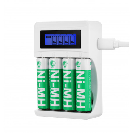 USB battery charger DELTACO for 4xAA/AAA Ni-MH/Ni-Cd batteries, includes 4x AA batteries, white / C7