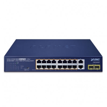 16-Port 10/100/1000T 802.3at PoE + 2-Port 10/100/1000T + 2-Port 1000X SFP Unmanaged Gigabit Ethernet