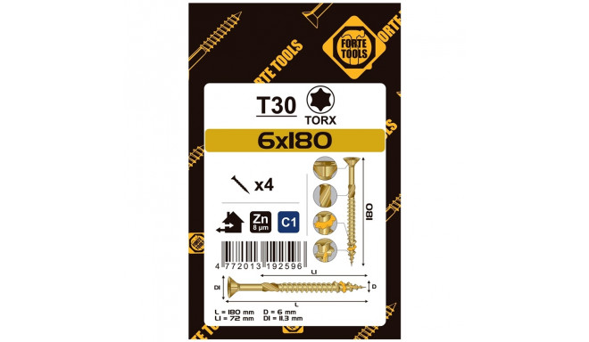 CHIPBOARD SCR T30 6.0X180/72 YELL ZN4PCS