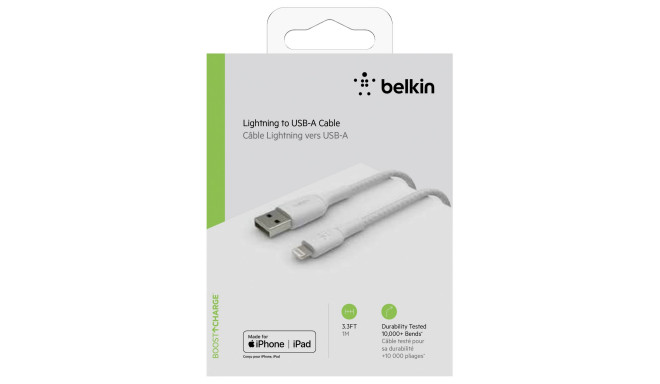 Belkin Lightning kaabel 1m, kaetud, MFi sert, valge