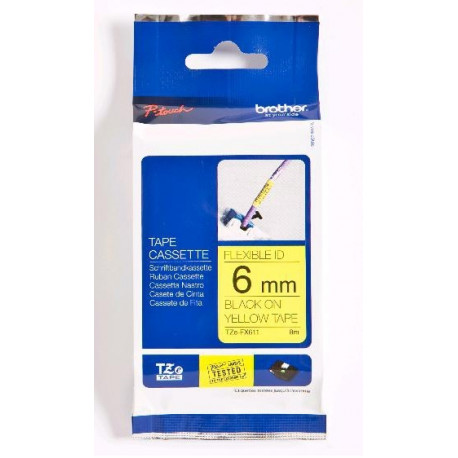 Brother TZe-FX611 Flexible ID Laminated Tape Black on Yellow, TZe, 8 m, 6 mm