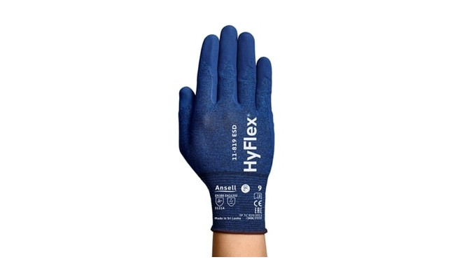 Safety gloves Ansell HyFlex 11-819 ESD, size 7. Thin Nylon, spandex, carbon. Foam nitrile palm dippe