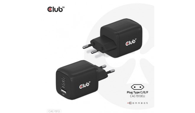 CLUB3D Travel Charger PPS 65Watt GAN technology, Triple port (2x USB Type-C + USB Type-A) Power Deli