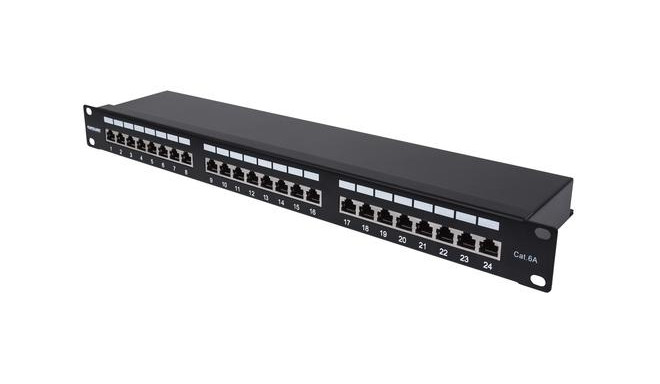 Intellinet Patch Panel, Cat6a, FTP, 24-Port, 1U, Shielded, 90° Top-Entry Punch Down Blocks, Black