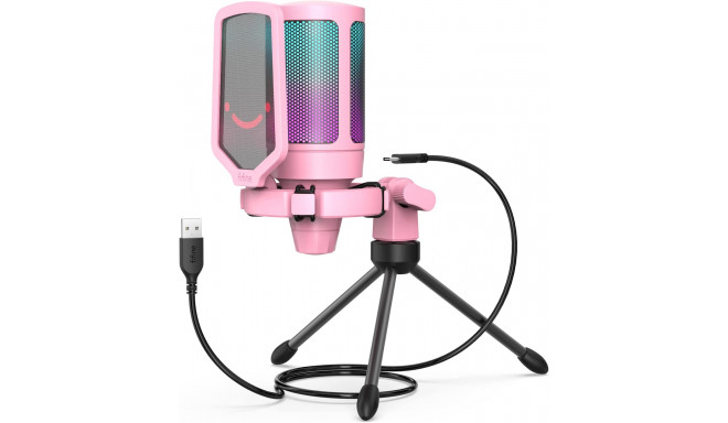 Fifine AmpliGame A6V RGB microphone for gaming | podcasts | streams | tripod | pink