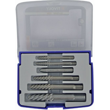 Tivoly tappide ja kruvide ekstraktorite komplekt – 6-osaline (ekstraktorid nr 1–5 + X-Out Ø2–8 mm), 