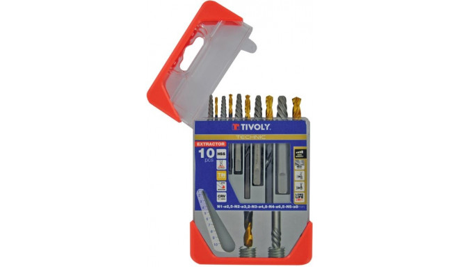 Tivoly Extractor & Drill Bit Set – 10-Piece, Stud Extractors N1–N5 + TiN-Coated HSS Bits Ø2.5–8 mm, 