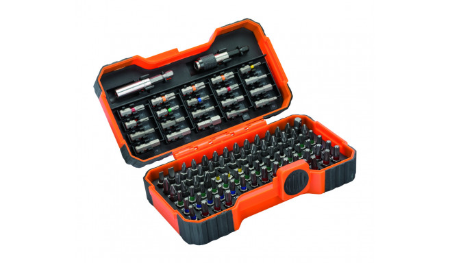 Bit set 1/4"x25mm 100 pcs colour coded with 2 adaptors PH,PH2G,PZ,SL,Hex,TORX,TORX TR,R