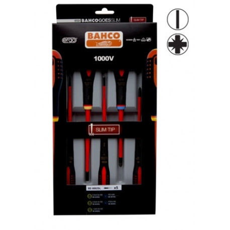 Bahco ERGO™ slim VDE insulated slotted and pozidriv screwdriver set – 5-piece, high-performance allo