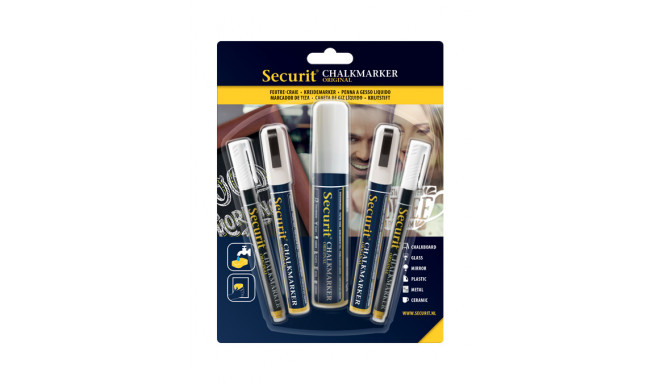 Tahvlimarkerid SECURIT Liquid valge, kriiditahvlile, pakis 5 tk: 2 tk 1-2mm/ 2tk 2-6mm/ 1tk 7-15mm/ 