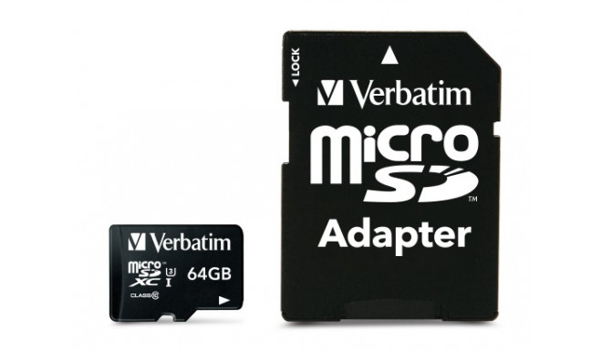 Mälukaart Secure Digital Verbatim MicroSDXC 64GB Pro Class10 UHS-I U3 r90MB/sec w45MB/sec + SD-adapt