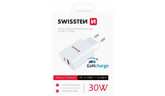 Swissten GaN Travel Charger PD 30W USB-C / USB