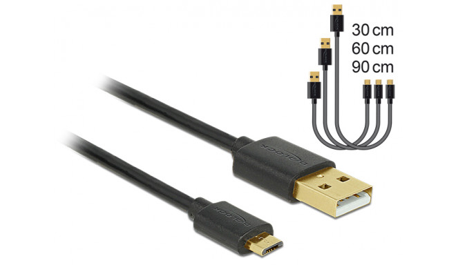 USB 2.0 kaabel A - Micro B 0.3m, 0.6m, 0.9m, kiirlaadija, must