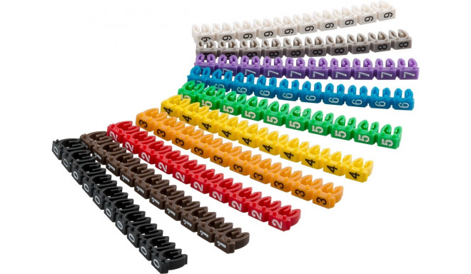 Cable marker clips ‘Digits 0–9’ for cable diameters up to 6mm; 100pcs, 10 different colour