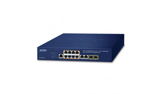 Switch: 8 x 10/100/1000Mbps PoE+, 2 x 10/100/1000Mbps, 2 x SFP, 1 x RJ-45 console, L2+/L4