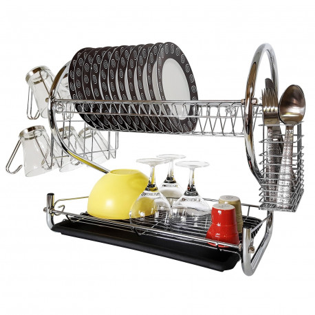 Tatkraft Helga 2 Tier Chromed Steel Dish Drainer with Mug Holder and Cutlery